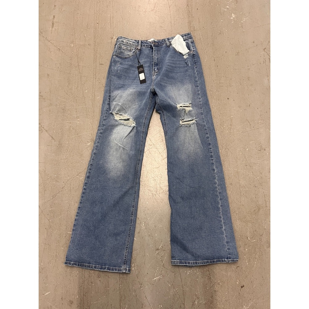 Fashion Nova Remi Ripped Stretch Baggy Jeans Womens 15 Blue Denim Distressed NWT